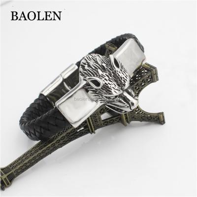 China 2018 Stainless Steel Products Wolf Cast Charm New Braided Design Trending Leather Bracelets Men for sale