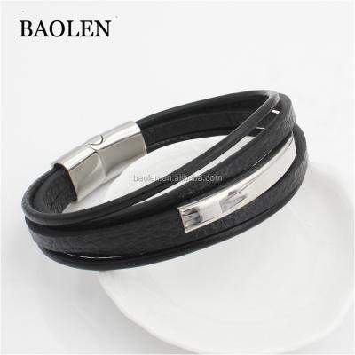 China Black Stainless Steel Vintage Men And Women Stainless Steel Snaps Multi Laps Bracelets Genuine Leather Bracelets for sale