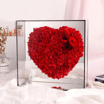 China Natural Touch Romantic Gift Preserved Hydrangea Eternal Flower Heart Shape Acrylic Box Handmade Gift For Valentines Day for sale