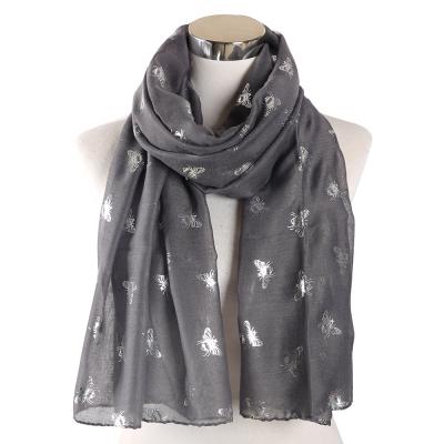 China Hot Scarf Silver Foil Butterfly Printing Shawl Scarf Women Gray Pretty Print Scarf Designer TR Cotton Scarf for sale