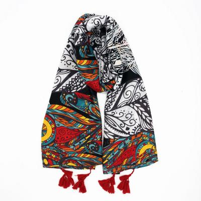 China Scarf Wholesale Feathers Cotton Material Women Scarf Printing Viscose Pashmina Tassel Canvas Scarf for sale