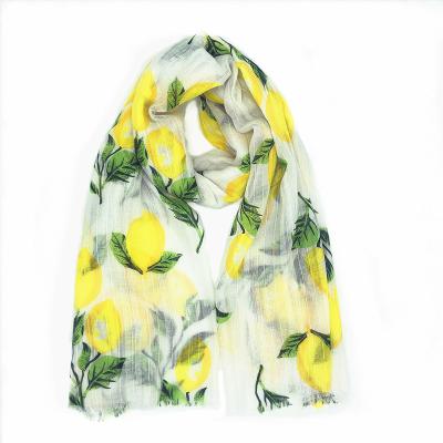 China Wholesale Yellow Long Beach Cotton Shawls Summer Lemon Pattern Canvas Squishy Scarf For Women for sale