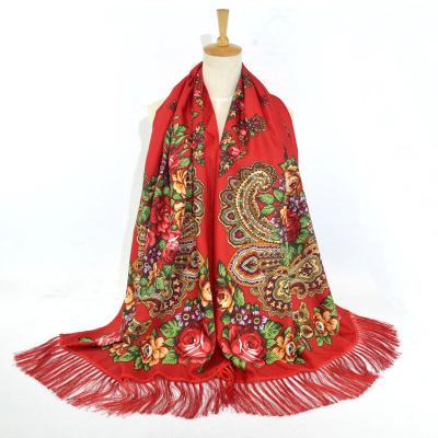 China 2021 Style Soft Smooth Ethnic Luxury Polyester Scarves Long Tassel Floral Print Scarf Women's Acrylic Feeling Scarf for sale