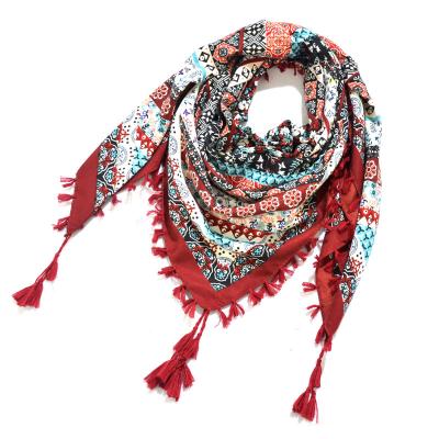 China High Quality Summer Shawl Square Shape Women's Multicolor Floral Printed Acrylic Scarf Women's Tassel Knotted Winter Viscous Polyester Scarf for sale