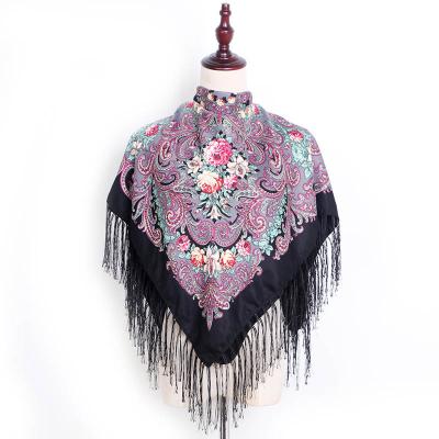 China Wholesale 90*90cm Winter Soft Smooth Feeling Women's Floral Scarves With Tassels Fashion Russian Print Cotton Square Scarf for sale