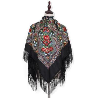 China 130*130cm Wholesale Women's Soft Smooth Feeling Tassel Cotton Scarves Russian Floral Shawls Winter Fashion Square Print Viscous Scarf for sale