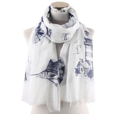 China Decorate Tuna Lighthouse Printed Scarf New Style Women's Summer And Autumn Spring Outdoor Sunscreen Cotton Canvas Shawl For for sale