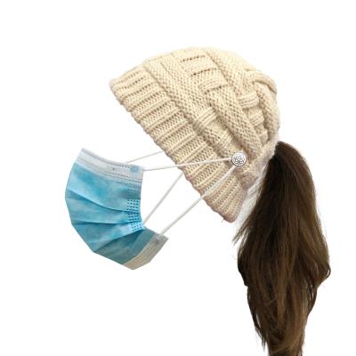 China 2020 COMMON Bamboo Winter Knitted Hat Mask Button Ponytail Outdoor Warm Woolen Hat for sale