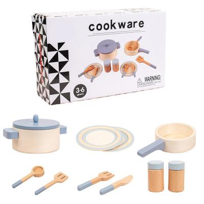 China Wooden Children Pretend Play Simulation Kitchen Toys Wooden Cooking Pot Set Tableware Role Play Toy for Girls Children for sale