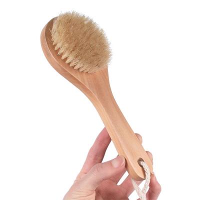 China All Factory OEM Natural Double Sided Handle Organic Long Bristle Anti Cellulite Massage Bath Back Bamboo Body Dry Brush Shower Brush for sale