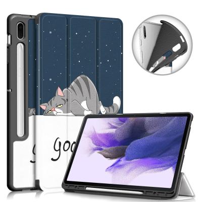 China Two Ways To Support Painted Leather Pattern TPU Triple Bracket Leather Case For Samsung Galaxy Tab S7 FE 12.4 SM-T730 SM-T735 Tablet Case for sale