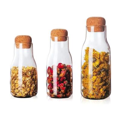 China 150ml 300ml 600ml Manual Viable Blowing High Vacuum Cork Herb Storage Borosilicate Glass Jars With Cork Lid for sale