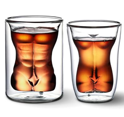 China Sustainable Hot Selling 150ml High Borosilicate Body Shaped Double Wall Glass Mug Coffee Whiskey Glass Mug for sale