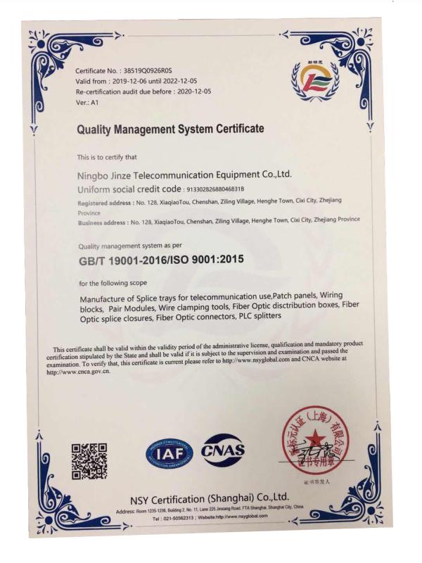 ISO9001 - Ningbo Jinze Telecommunication Equipment Co., Ltd.