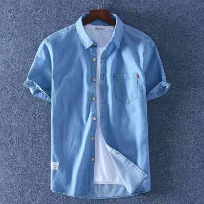 China New breathable lapel lace Korean denim shirting Hong Kong shirt vintage summer Jean blouse lady blouse stitching for sale