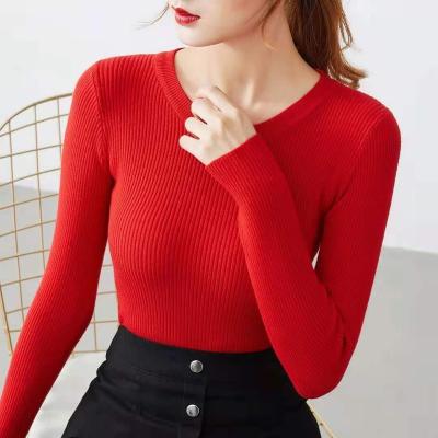 China Anti-wrinkle ladies long sleeve bottom collar round solid color dress small sweater beautiful thin blouse long sleeve top garment for sale