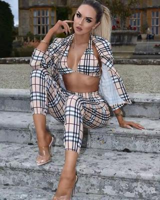 China 2021 New Arrivals Breathable Plaid High Waist Streetwear Pants Three Piece Set Women Clothing for sale