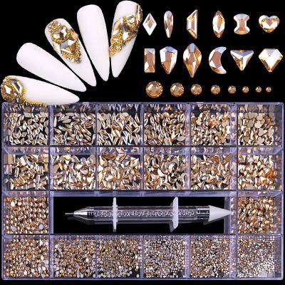 China Shape and Charm Boxed Crystal Design Mixed Art Manicure Rhinestones Fancy Mix Shapes Flatback Champagne Diamonds Glass Nail Art Decorations ab for sale