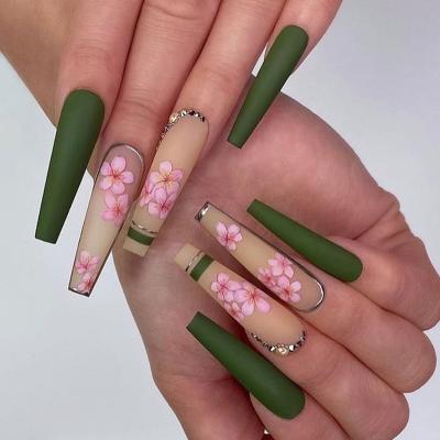 China Eco-Friendly 24pcs/box Press On Ballerina False Nail Tips Long Press On Nails With Rhinestones Flower Wearable Acrylic Artificial Nails for sale