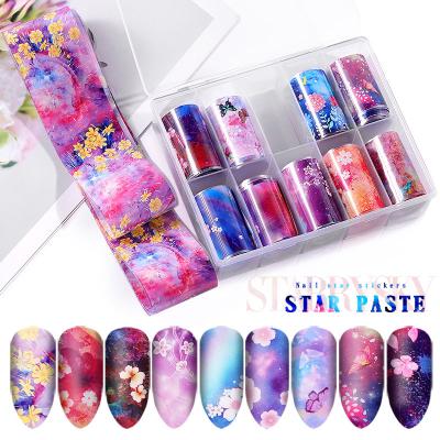 China Flowers Nail Foil Sticker Set 10Pcs Flowers Nail Foil Sticker Set Holographic Starry Nail Art Decal Kit Manicure Decorations Sky Transfer Paper Wraps Charm for sale