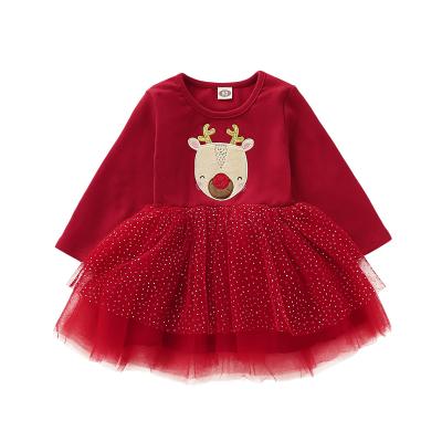 China Anti-wrinkle Rose Red Little Girl Halloween Use Cute Tulle Edge Elk Pattern Winter Christmas Baby Dress Romper For Kids 0-2 Years Old for sale