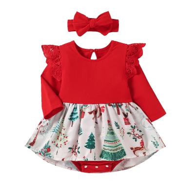 China Pink Red Little Girl Halloween Anti-Shrink Use Cute Tulle Edge Elk Pattern Winter Christmas Baby Dress Romper For 0-2 Years Old Kids for sale