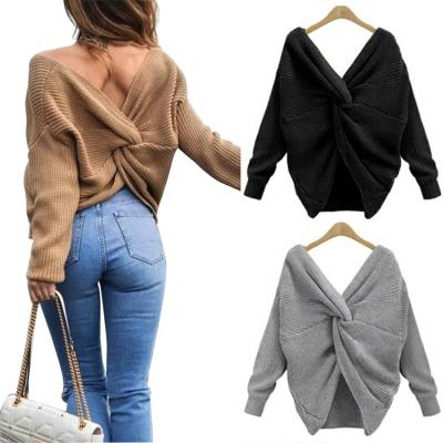 China Autumn Breathable Knitted V-Neck Twist Knitted Sweater Ladies Women Sheath Long Crop Top Sweater for sale