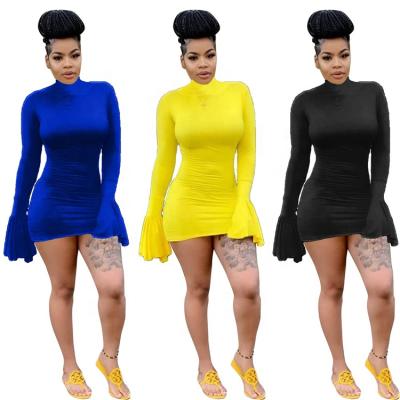 China Bodycon Mini Women Ladies Casual Solid Long Sleeve Breathable Rocket Fashion Dresses Elegant Breathable Color for sale