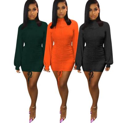 China Autumn Casual Dress Elegant Turtle Neck Anti-Static Anti-static Ruched Long Drawstring Sleeve Women Bodycon Dresses for sale