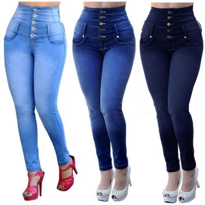 China High Waisted QUICK DRY women plus size slim blue skinny buttons QUICK DRY denim pencil pants jeans pants for sale