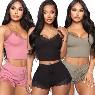 China Women's Breathable Sleepwear Pajama Two Piece Sets Lace Up Panel Cami Tops And Shorts Nighty Wear Sleepwear for sale