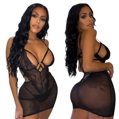 China Black Hot Sheer Mesh Lace Cavity Mini Dress Women Sexy Cavity Sheer Backless Luxury Fashion Sheer Sheer Lingerie New Sets for sale