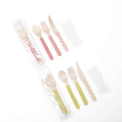 China Disposable Eco-Friendly Stored Biodegradable Wooden Individual Cutlery Set Printing Hot Stamp Branding Wooden Fork And Spoon Restaurant Disposable Cutlery for sale