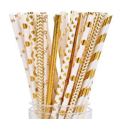 China Eco-Friendly Stocked Disposable Drinking Paper Baby Shower Wedding Party Decor Event Supplies Dot Straws Kids Birthday Adults Gold Band Straws Biodegradable for sale