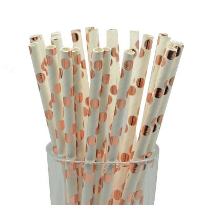 China Rose Gold Disposable Eco-Friendly Stocked Biodegradable Paper Straws Party Supplies Strip Dot Drinking Straw Disposable Tableware Wedding Birthday Party Decoration Kids for sale