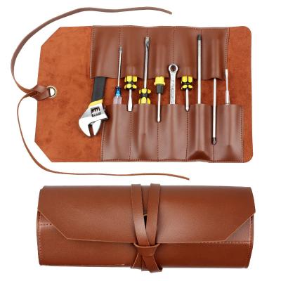 China Real Leather Chef's Knife Roll Bag Storage Knife Knives Heavy Duty Waxed Shockproof Tool Case with 6 Slots Wrap Strap Handbag for sale