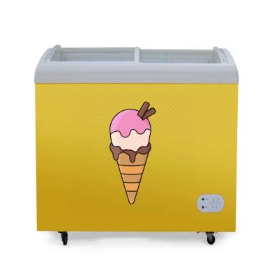 China Hotel Ice Cream Freezer SDSC-258 Curved Door DC AC Glass Freezer for sale