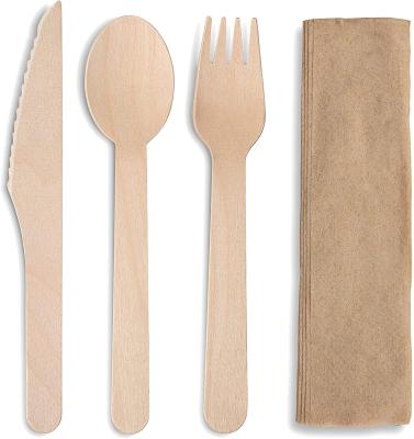 China Party Restaurant Picnic Individually Wrapped E-Co Kitchen Disposable Wooden Cutlery Set with Fork, Spoon, Knife, and Napkin Dinnerware Utensil Kits for sale