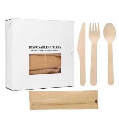 China Party Restaurant Picnic Individually Wrapped Disposable Natural Wood Birch Cutlery Sets Set for sale