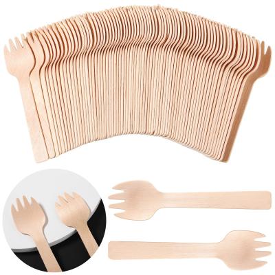 China Sporks Bulk 4 Inch Small Wooden Forks Disposable Appetizer Party Restaurant Picnic Forks Mini Utensils Cake Fork For Carnival Birthday Party Supplier for sale