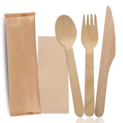 China Party Restaurant Picnic Disposable Wooden Cutlery Set Individually Wrapped Biodegradable Utensils 20 Set Camping Utensils Compostable Cutlery Sets for sale