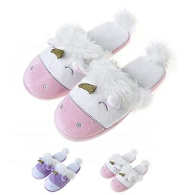 China Narrow Toe Fuzzy Stuffed Animal Winter Slipper Women Unicorn Plush Slipper for sale