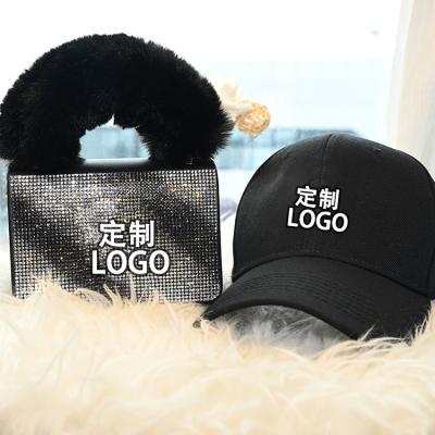 China Full PU Diamond NY Bag Plush Handle PU Handbags With Hat Set for sale