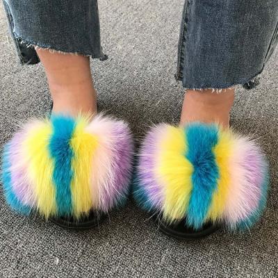 China Fashion Trend Women Summer Fluffy Plush Fur Slippers Fashion Lovely Furry Rainbow Fur Slides Ladies Party Holiday Fur Flat Slippers for sale