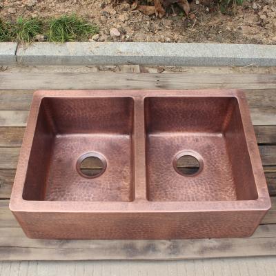 China Without Faucet Hand Hammered Copper Farmhouse Sink Light Hammered Kitchen Copper Sink With Double Bowl Design for sale