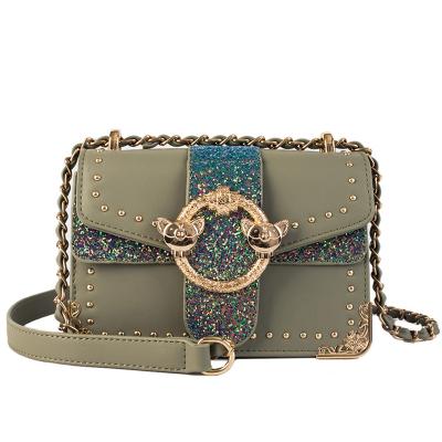 China Fashion metal pig lock shiny sequined rivets patchwork cross - body bags for women purse bag 2019 for sale