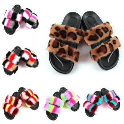 China Fashion Fox Wool Slippers Imitation Fur Slippers Unique Thick Heel Double Belted Flat Lady Slippers for sale