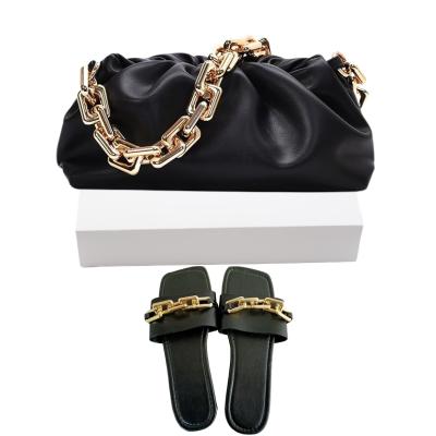 China 2021 Fashion Amazon Women PU Leather Shoes Sandal Bags Purses and Handbags with Slippers Metal Tall Cloud Bag Chain Match Slides for sale