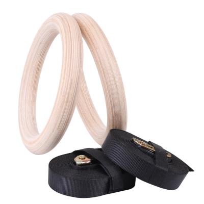 China Birch Birch Full Body Workout Pull Up Workout Exercise Fitness Gym Wooden Gymnastic Rings with Adjustable Long Straps for sale