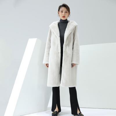 China 2022 Fashion Design Winter Women Ladies Faux Rex Rabbit Long Warm Luxury Casual Thick White Fur Coats With Hooded for sale